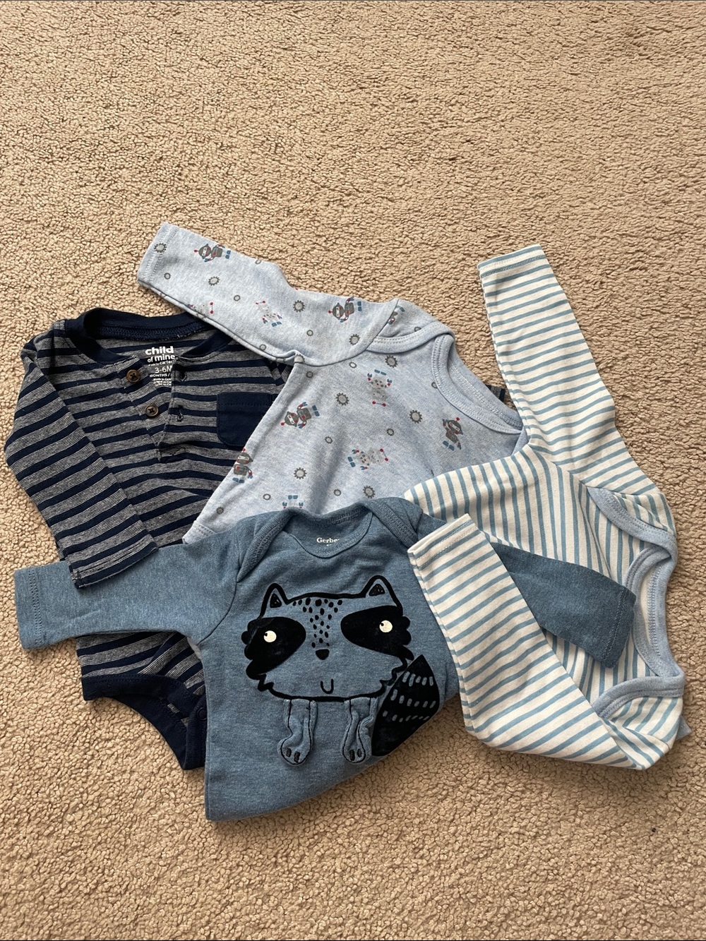 Baby Boy Blue Raccoon Pullover + 3 Blue Long Sleeve Onesies